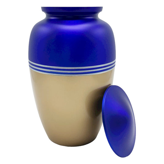 Blue / Gold Metal Memorial Funeral Cremation Urn for Adult Human Ash 10" - Premium  from River Memorials - Just $129.95! Shop now at River Memorials - Cremation Urns, Scatter Tubes, & Memorial Jewelry